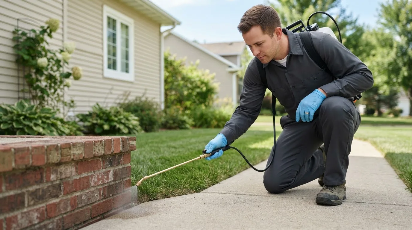Pest control technician treating a home near Niles, OH